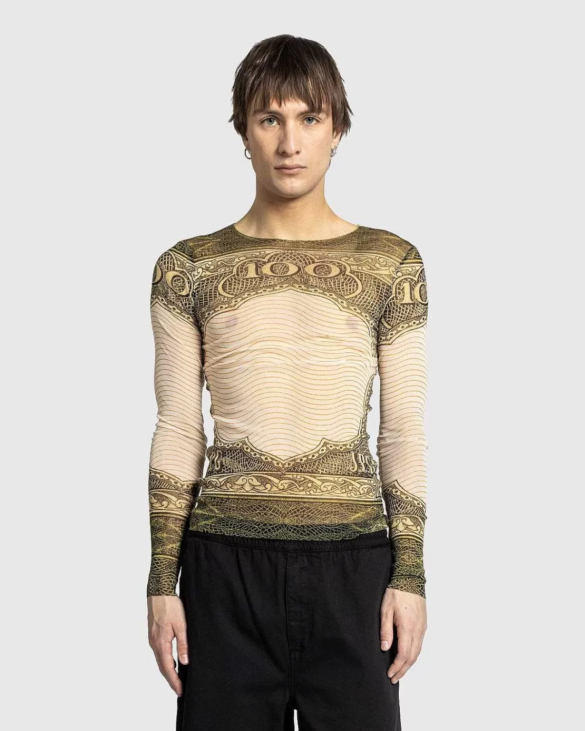 T-Shirts>Jean Paul Gaultier Langaermet Mesh Top Printet Cartouche Gron/Ecru/Sort/Orange