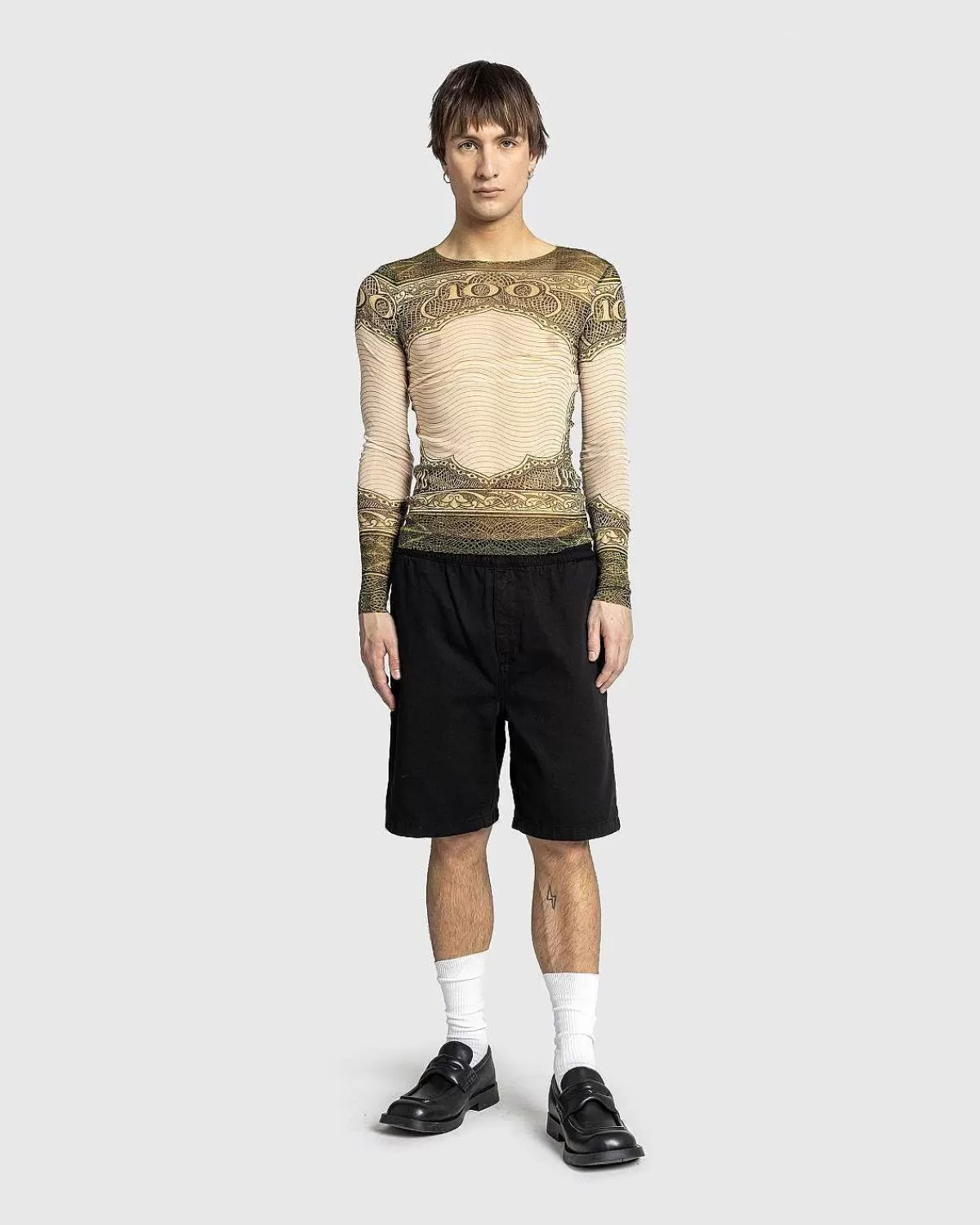 T-Shirts>Jean Paul Gaultier Langaermet Mesh Top Printet Cartouche Gron/Ecru/Sort/Orange