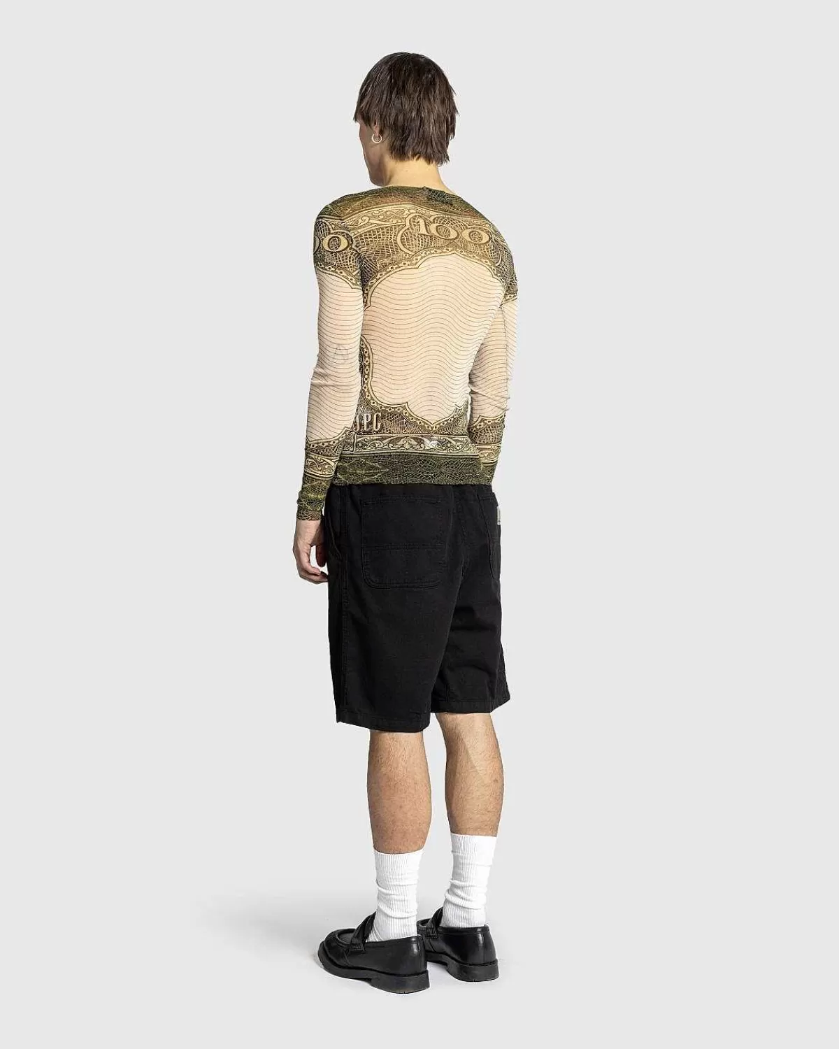 T-Shirts>Jean Paul Gaultier Langaermet Mesh Top Printet Cartouche Gron/Ecru/Sort/Orange