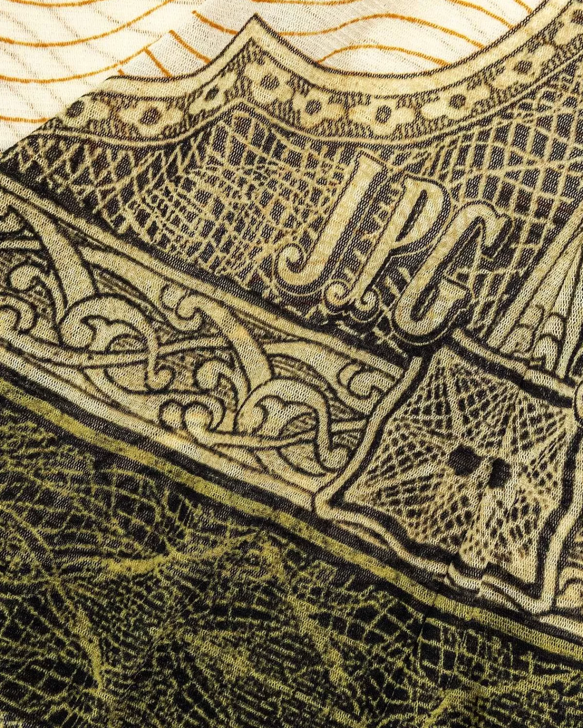 T-Shirts>Jean Paul Gaultier Langaermet Mesh Top Printet Cartouche Gron/Ecru/Sort/Orange