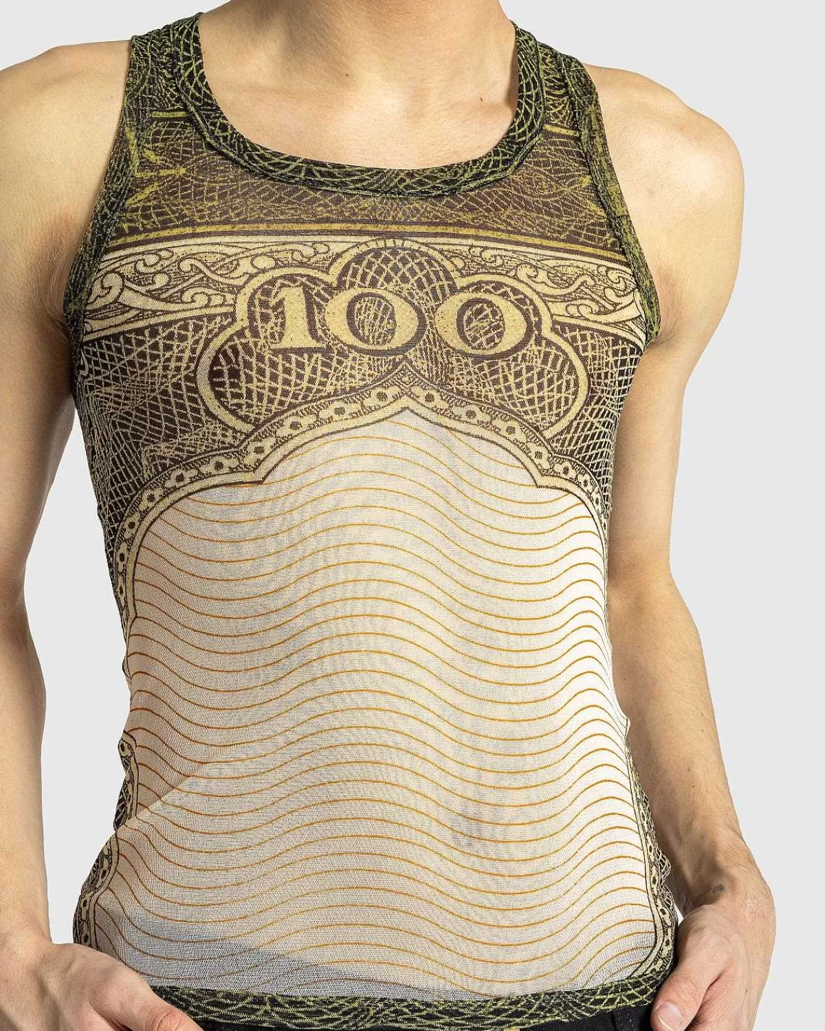 T-Shirts>Jean Paul Gaultier Mesh Tank Top Printet Cartouche Gron/Ecru/Sort/Orange